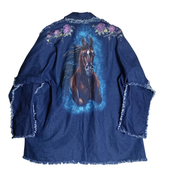 Handmade Denim Hand Painted Horse Open Front Jacket Sz 2X - Picture 2 of 6